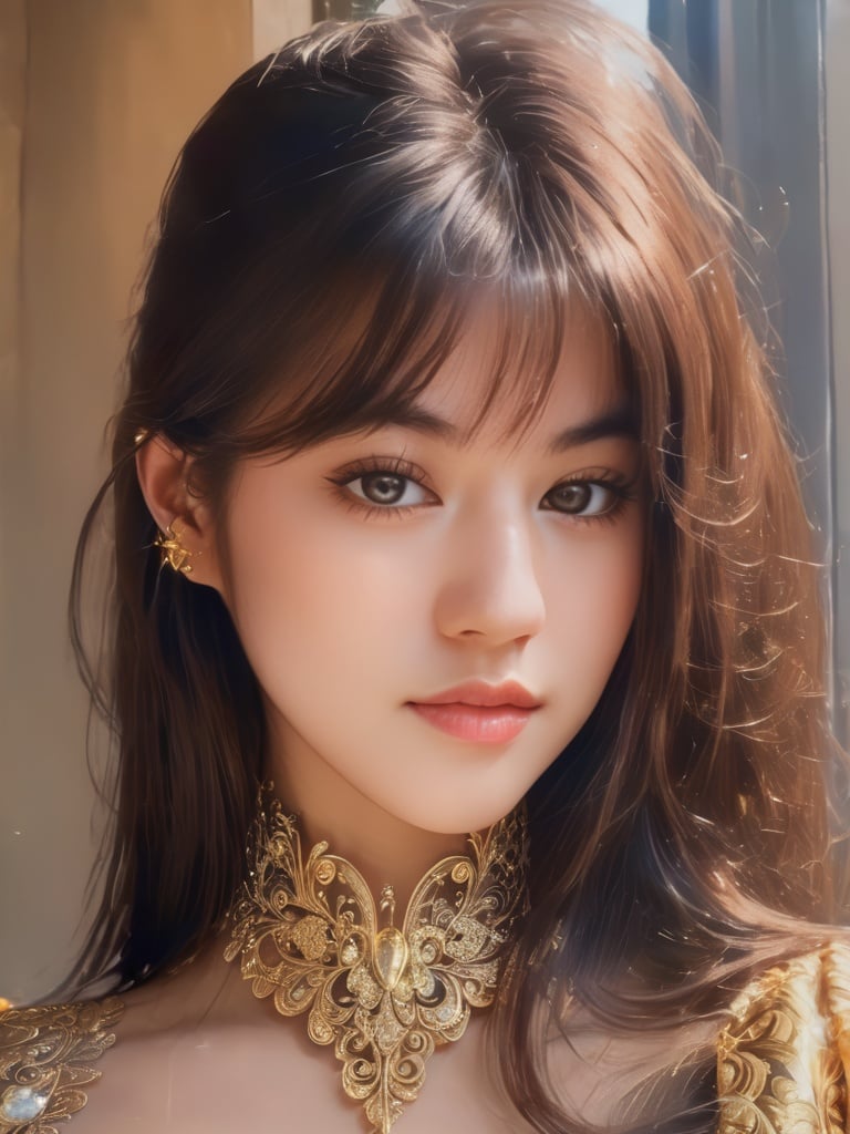 8k portrait of beautiful cyborg with brown hair, intricate, elegant, highly detailed, majestic, digital photography, art by artgerm and ruan jia and greg rutkowski surreal painting gold butterfly filigree, broken glass, (masterpiece, sidelighting, finely detailed beautiful eyes: 1.2), hdr, <lora:v0nzy_SDXL_v1-000009:1>