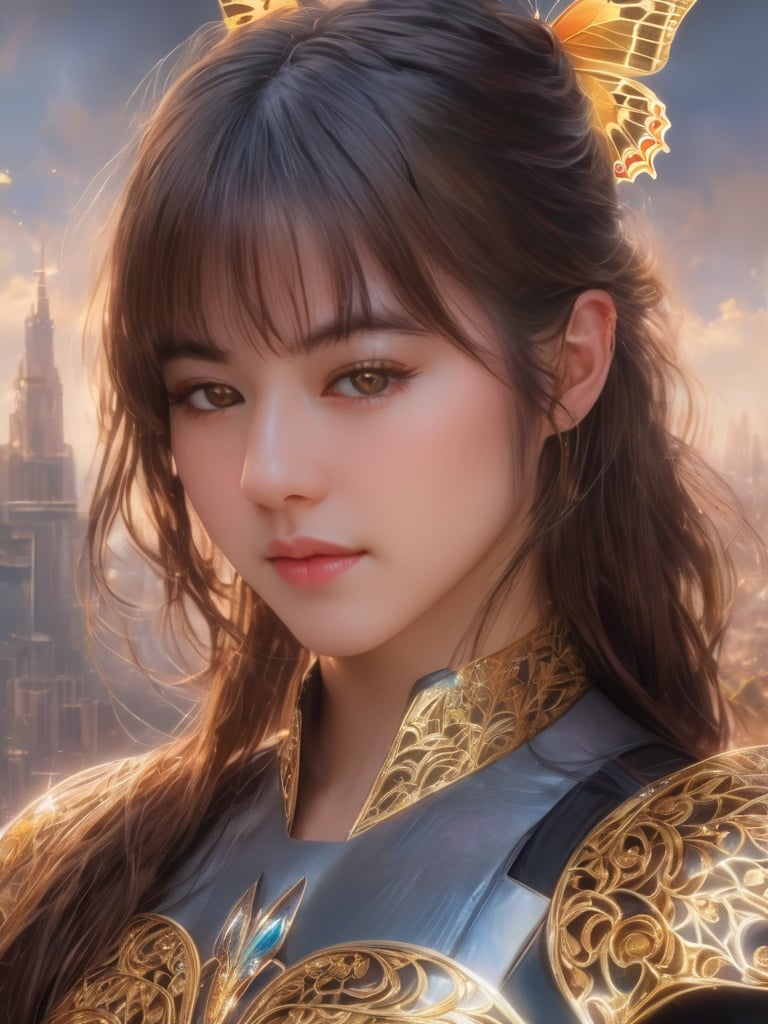 8k portrait of beautiful cyborg with brown hair, intricate, elegant, highly detailed, majestic, digital photography, art by artgerm and ruan jia and greg rutkowski surreal painting gold butterfly filigree, broken glass, (masterpiece, sidelighting, finely detailed beautiful eyes: 1.2), hdr, <lora:v0nzy_SDXL_v1-000005:1>