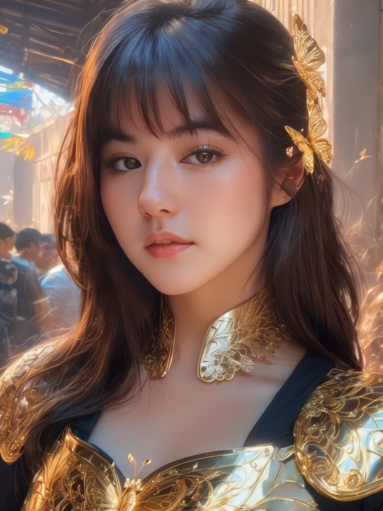 8k portrait of beautiful cyborg with brown hair, intricate, elegant, highly detailed, majestic, digital photography, art by artgerm and ruan jia and greg rutkowski surreal painting gold butterfly filigree, broken glass, (masterpiece, sidelighting, finely detailed beautiful eyes: 1.2), hdr, <lora:v0nzy_SDXL_v1-0000010:1>