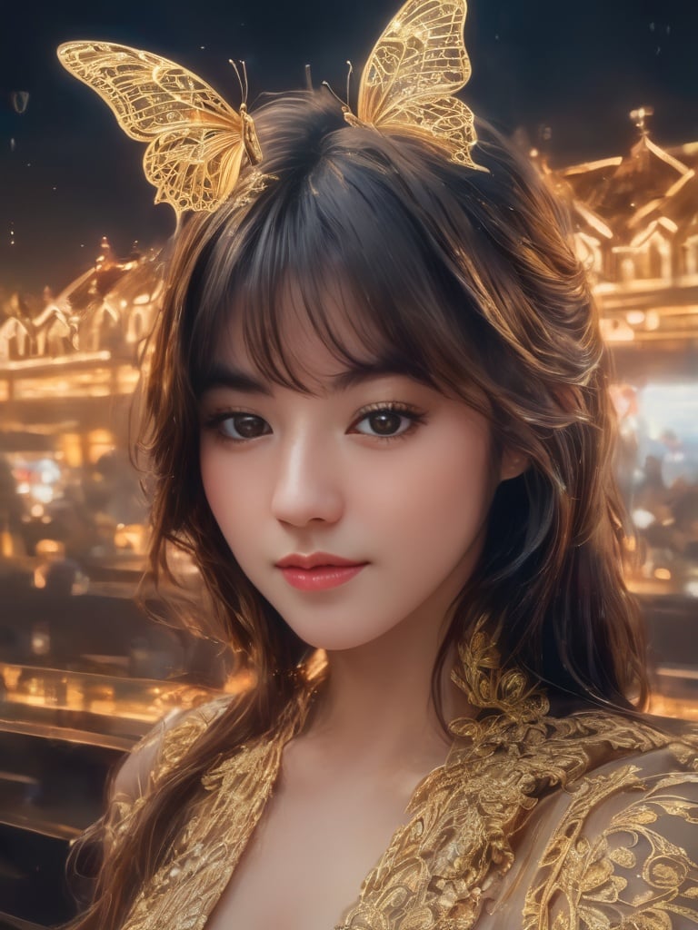 8k portrait of beautiful cyborg with brown hair, intricate, elegant, highly detailed, majestic, digital photography, art by artgerm and ruan jia and greg rutkowski surreal painting gold butterfly filigree, broken glass, (masterpiece, sidelighting, finely detailed beautiful eyes: 1.2), hdr, <lora:v0nzy_SDXL_v1-000007:1>