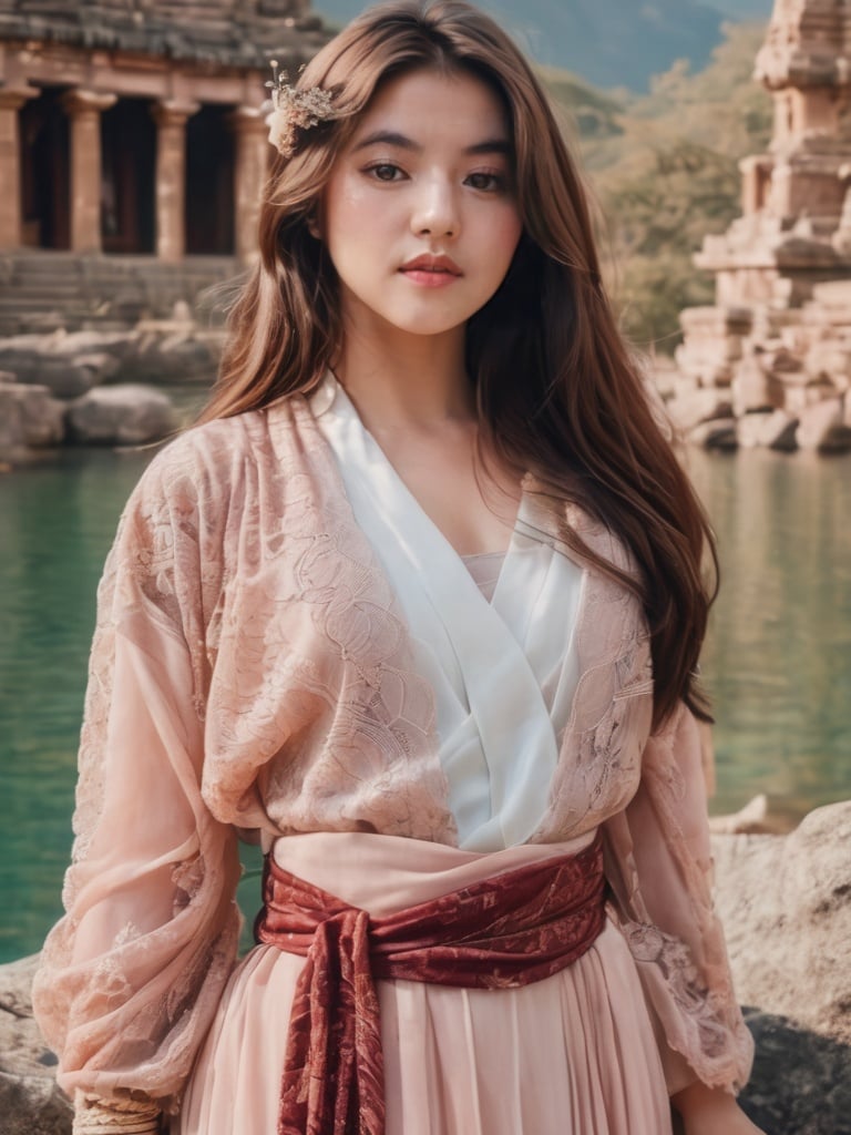 centered view of curvy hips long wavy brown hair toned body beautiful face seductive eyes blush beautiful lips 29 years old female wearing ancient lace suit and belt and long wide skirt. action pose. deep colors. ancient temple, rocks, scenery. fujifilm XT3.,FilmGirl, <lora:v0nzy_SDXL_v1-000008:1>
