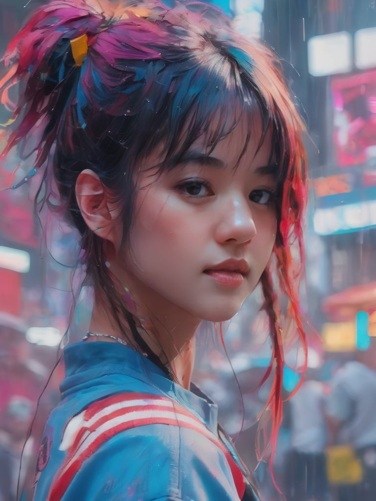 A girl wearing fancy street wear, neo tokyo, centered| intricate| highly detailed| breathtaking beauty| precise lineart| vibrant| comprehensive cinematic| Carne Griffiths| Conrad Roset, 8k, oil painting, cinematic lighting, rainy, best quality, highres, <lora:v0nzy_SDXL_v1-000008:1>