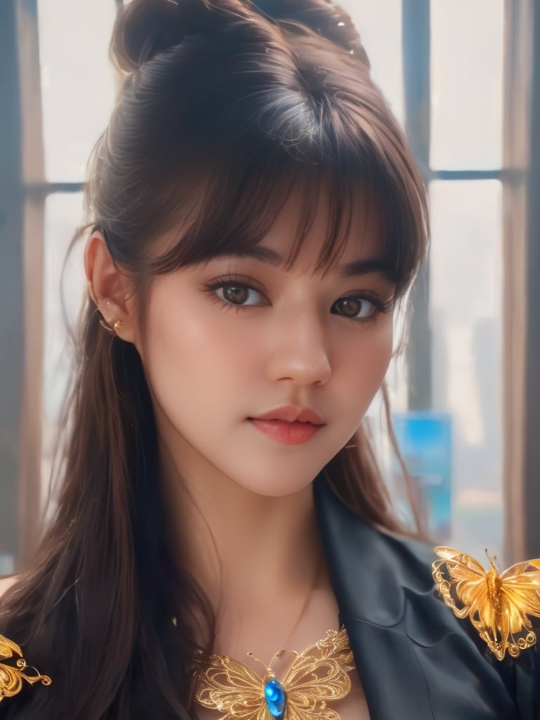 8k portrait of beautiful cyborg with brown hair, intricate, elegant, highly detailed, majestic, digital photography, art by artgerm and ruan jia and greg rutkowski surreal painting gold butterfly filigree, broken glass, (masterpiece, sidelighting, finely detailed beautiful eyes: 1.2), hdr, <lora:v0nzy_SDXL_v1-000008:1>