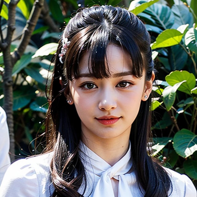 best quality, (photorealistic:1.2), 1girl, solo, detailed face, face focus, standing, black hair,(hair ornament:1.35),school uniform, ribbon-trimmed sleeves, detached sleeves, ribbon trim, wide sleeves, (looking at viewer:1.5) long hair, black eyes, bangs, lips, 