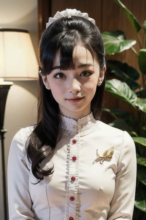 best quality, (photorealistic:1.2), 1girl, solo, detailed face, face focus, standing, black hair,(hair ornament:1.35),school uniform, ribbon-trimmed sleeves, detached sleeves, ribbon trim, wide sleeves, (looking at viewer:1.5) long hair, black eyes, bangs, lips, 