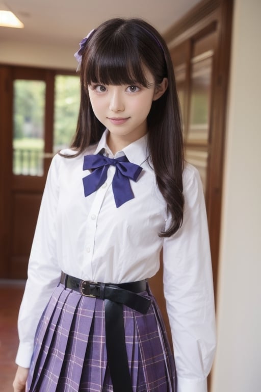 masutepiece, Best Quality, {Best Quality}, {{masutepiece}}, {hight resolution}, Illustration, 1girl in, Inoue Takina, Long hair, Bangs, Black hair, (Purple eyes:1.2), blush, Shirt, Long sleeves, Dress, bow ribbon, School uniform, White shirt, Collared shirt, Belt bag, Neck ribbon, Blue Dress, Green Ribbon, pleated dress, grey dress, two-tone dress, Blue belt, Lycoris Uniform, Looking at Viewer