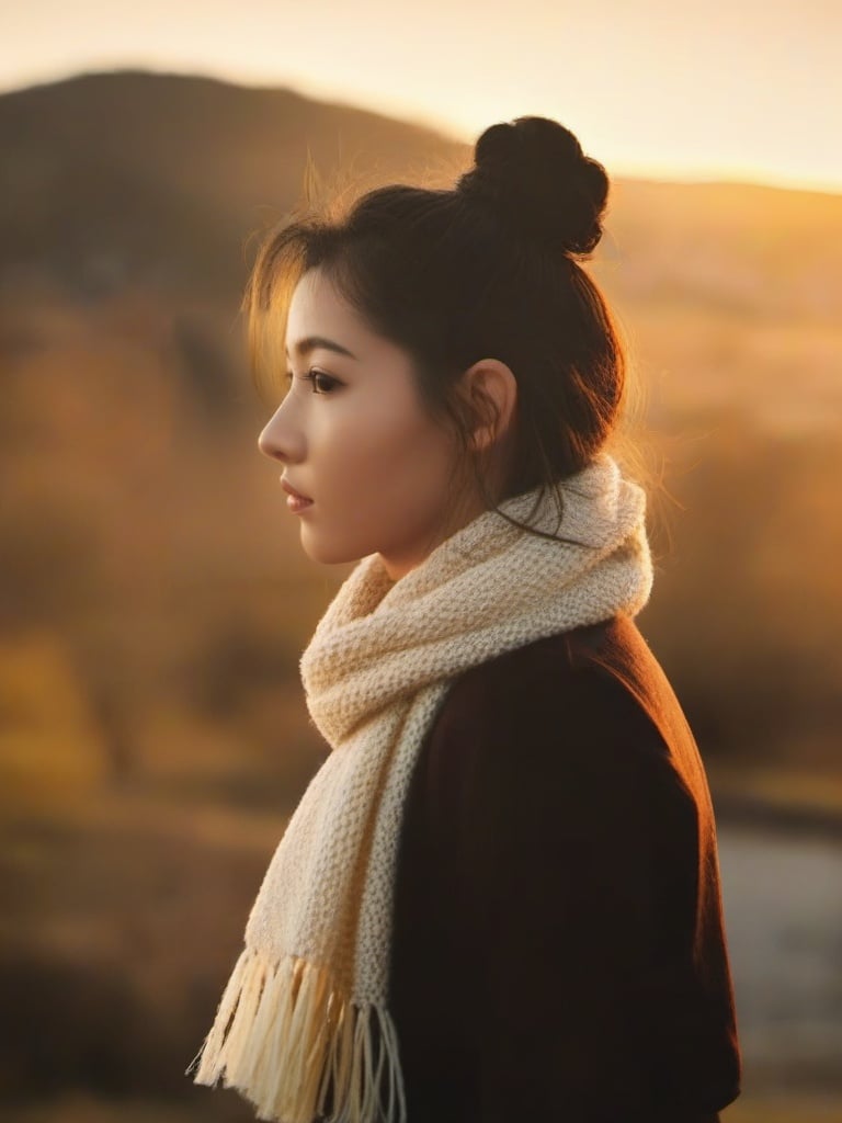 1girl, solo, photo, black hair, brown eyes, portrait, looking at viewer, hair bun, scarf, depth of field, realistic, sunset, golden hour,  <lora:newsdx:1.2>