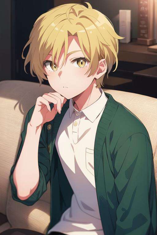 masterpiece, best quality, illustration, 1boy, solo, male focus, looking at viewer, , , <lora:hijiri_koganei:0.64>, hijiri_koganei, blonde hair, yellow eyes, jacket,