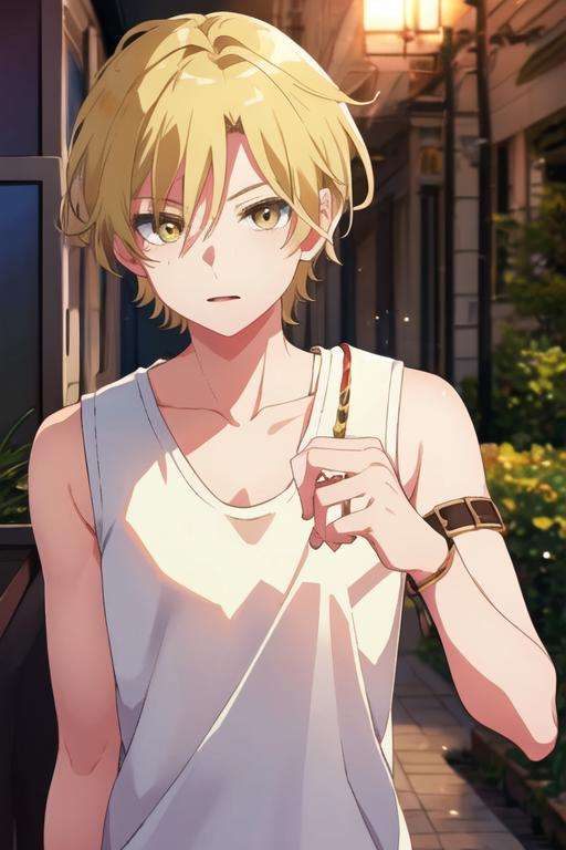 masterpiece, best quality, , 1boy, solo, male focus, looking at viewer, upper body, , <lora:hijiri_koganei:0.66>, hijiri_koganei, blonde hair, yellow eyes, tank top,