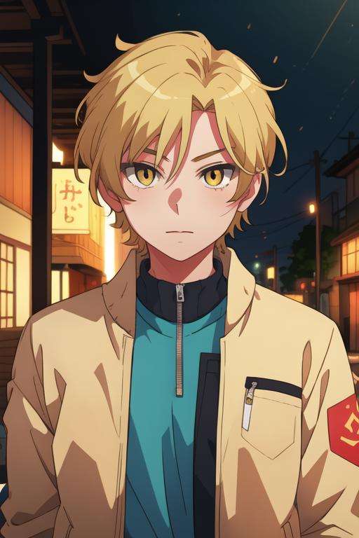 masterpiece, best quality, , 1boy, solo, male focus, looking at viewer, upper body, depth of field, <lora:hijiri_koganei:0.68>, hijiri_koganei, blonde hair, yellow eyes, jacket,