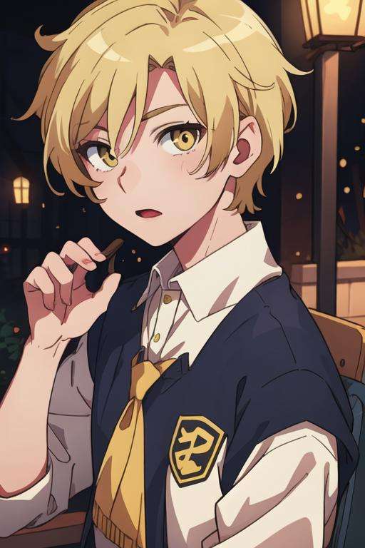 masterpiece, best quality, illustration, 1boy, solo, male focus, looking at viewer, , depth of field, <lora:hijiri_koganei:0.64>, hijiri_koganei, blonde hair, yellow eyes, school uniform,