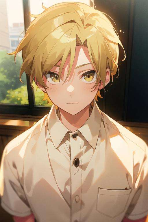 masterpiece, best quality, illustration, 1boy, solo, male focus, looking at viewer, , depth of field, <lora:hijiri_koganei:0.72>, hijiri_koganei, blonde hair, yellow eyes, shirt,