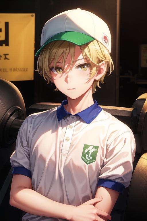 masterpiece, best quality, illustration, 1boy, solo, male focus, looking at viewer, upper body, , <lora:hijiri_koganei:0.66>, hijiri_koganei, blonde hair, yellow eyes, gym uniform, hat