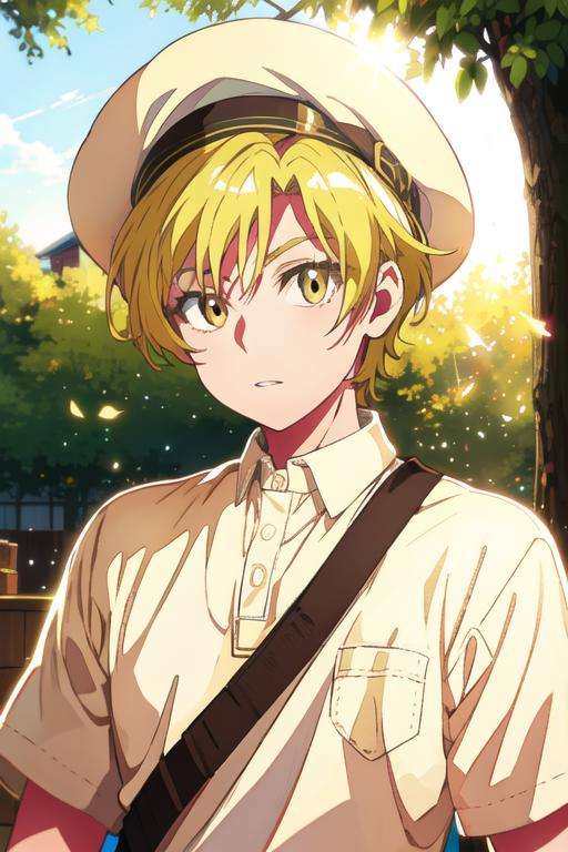 masterpiece, best quality, , 1boy, solo, male focus, looking at viewer, upper body, , <lora:hijiri_koganei:0.66>, hijiri_koganei, blonde hair, yellow eyes, school uniform, hat