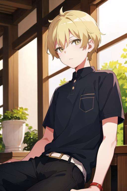 masterpiece, best quality, illustration, 1boy, solo, male focus, looking at viewer, , depth of field, <lora:hijiri_koganei:0.72>, hijiri_koganei, blonde hair, yellow eyes, ,