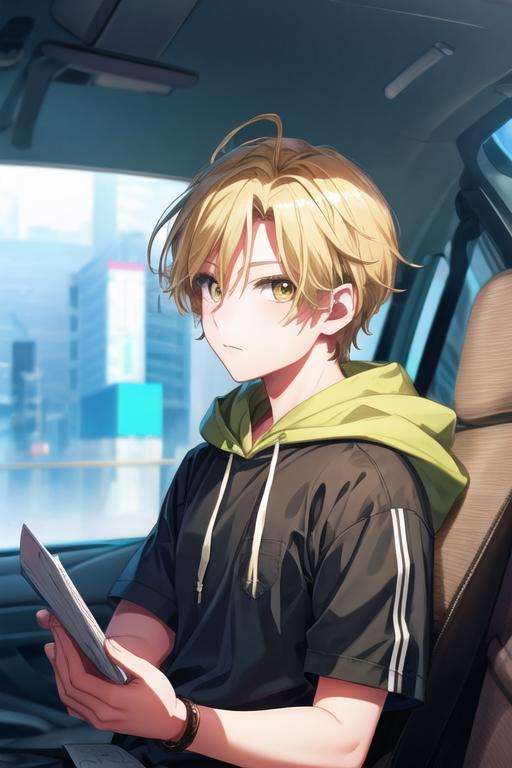 masterpiece, best quality, illustration, 1boy, solo, male focus, looking at viewer, , depth of field, <lora:hijiri_koganei:0.72>, hijiri_koganei, blonde hair, yellow eyes, hoodie,