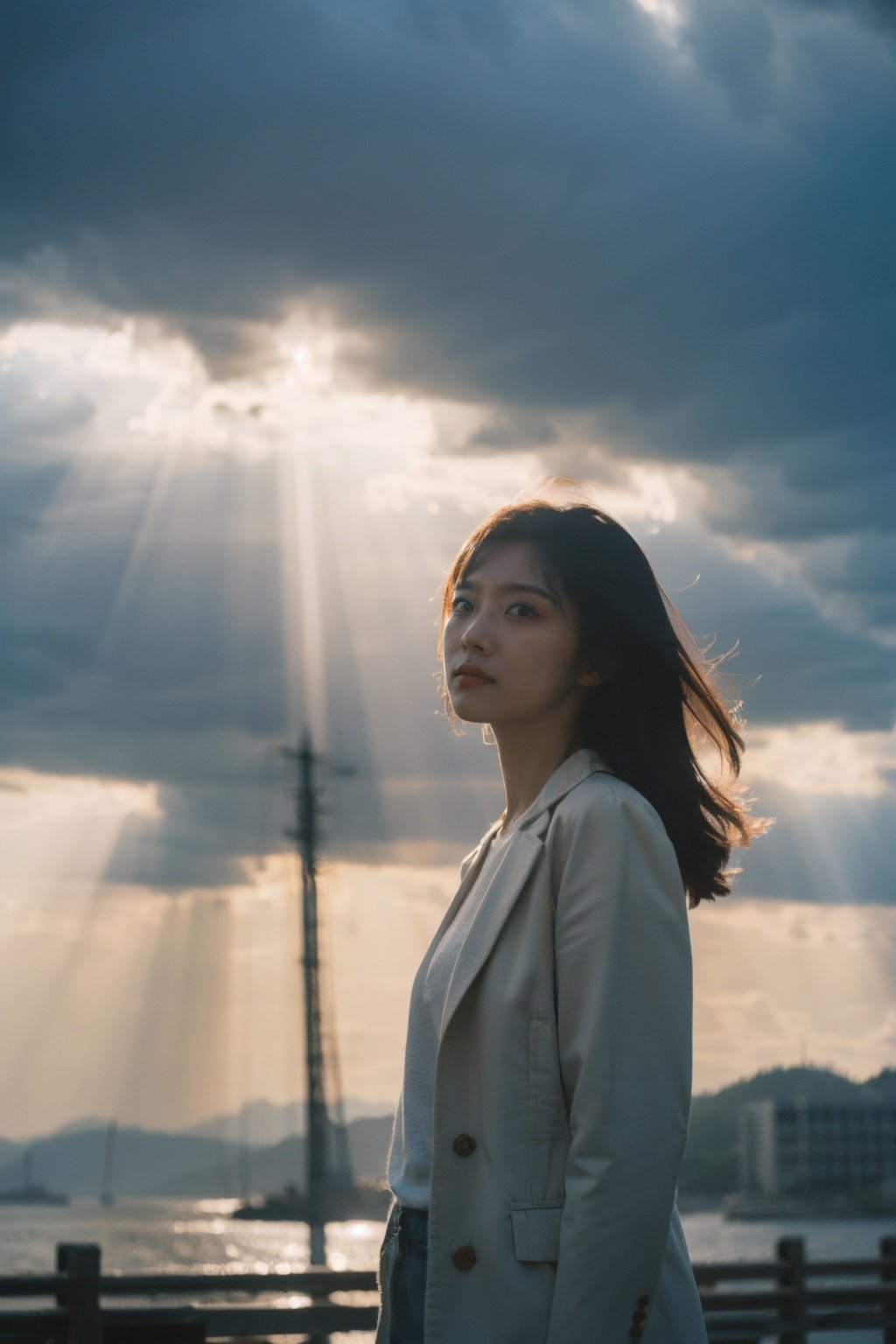 Best Quality,Masterpiece,Ultra High Resolution,(Realisticity:1.4),Original Photo,Cinematic Lighting,1Girl,light rays,Tyndall effect,outdoor,cloud, <lora:Tyndall effect_Light v1.1:0.6>,