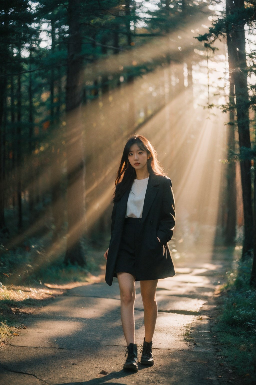 Best Quality,Masterpiece,Ultra High Resolution,(Realisticity:1.4),Original Photo,Cinematic Lighting,1Girl,full body,light rays,Tyndall effect,outdoor,forest,<lora:Tyndall effect_Light v1.1:0.6>,