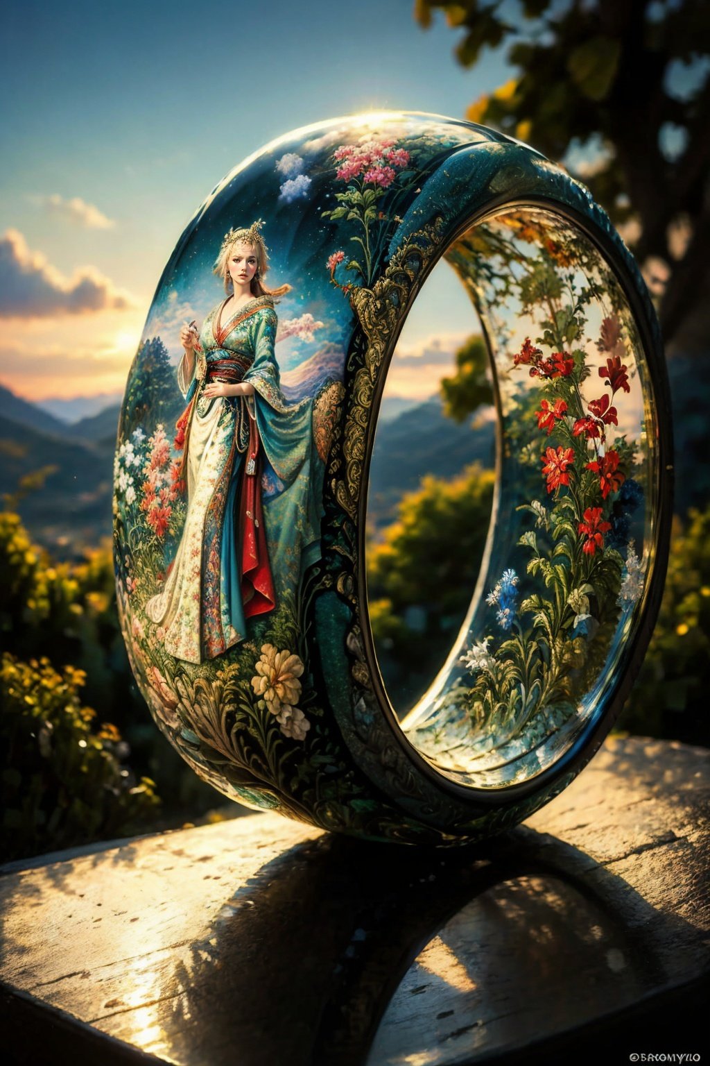 (Glass ring:1.3), masterpiece, best quality, landscape, <lora:RingArt_Sora:0.8>, (style of Boris Vallejo:1.3)
(masterpiece, best quality:1.5), 
Kimono robes, Malaysia, at Golden hour, 