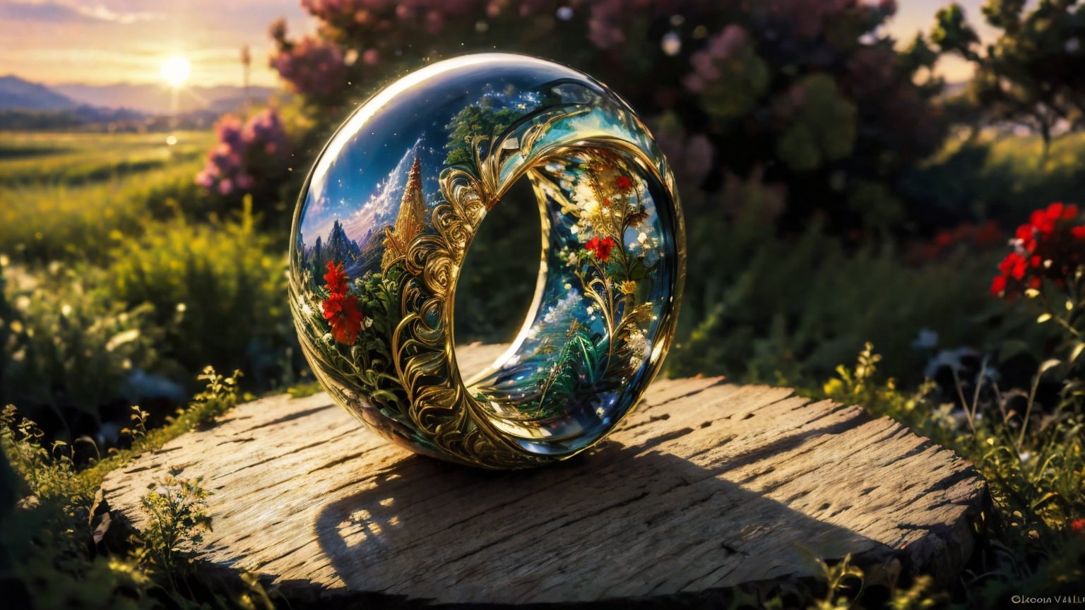 (ring:1.3), glass. Art, masterpiece, best quality, landscape, <lora:RingArt_Sora:0.8>, (style of Boris Vallejo:1.3)
(masterpiece, best quality:1.5), 
Trachtenhemd, National park, at Dusk, 