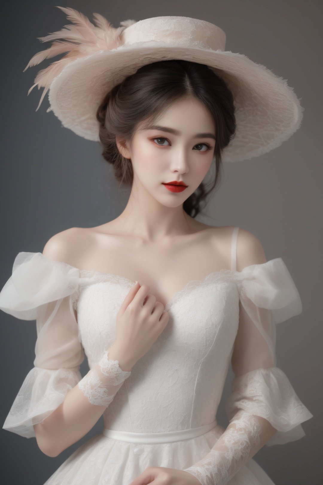 1girl,solo,.sexy pose,pensive woman,voluminous dress,intricate lace,embroidered gloves,feathered hat,curled hairdo,pale skin,minimal makeup,tender smile,dainty neckline,nostalgic atmosphere,still life,
black hair,black pupil,red lips,,