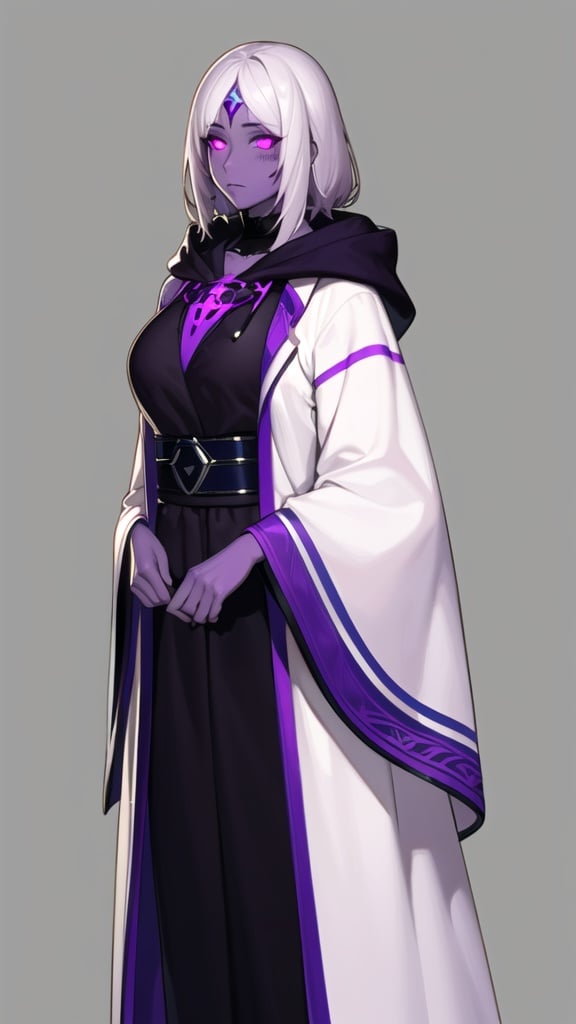 (best quality), ((masterpiece)), (highers), original, extremely detailed CG unity 8k wallpaper,(meture female:1.5),lady,gray background,(purple skin: 1.5),dark skin,expressionless, dark hair,purple eyes,(white hair:1.2),1 girl,cowboy shot,solo,  hood, standing, wide sleeves,black robe,big breasts, glowing eyes ,  <lora:fat10kg_mix_style:1>