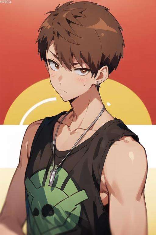 masterpiece, best quality, illustration, 1boy, solo, male focus, looking at viewer, upper body, depth of field, <lora:ryuuya_romantic_killer:0.66>, ryuuya_romantic_killer, brown hair, , tank top, hat