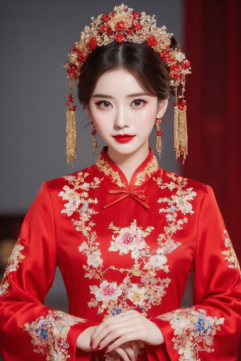 1 girl, 1girl, solo, hair ornament, chinese clothes, jewelry, earrings, upper body, red lips, dress, realistic, black hair, long sleeves, looking at viewer, flower, makeup, brown hair, black eyes，<lora:yifu:0.6>