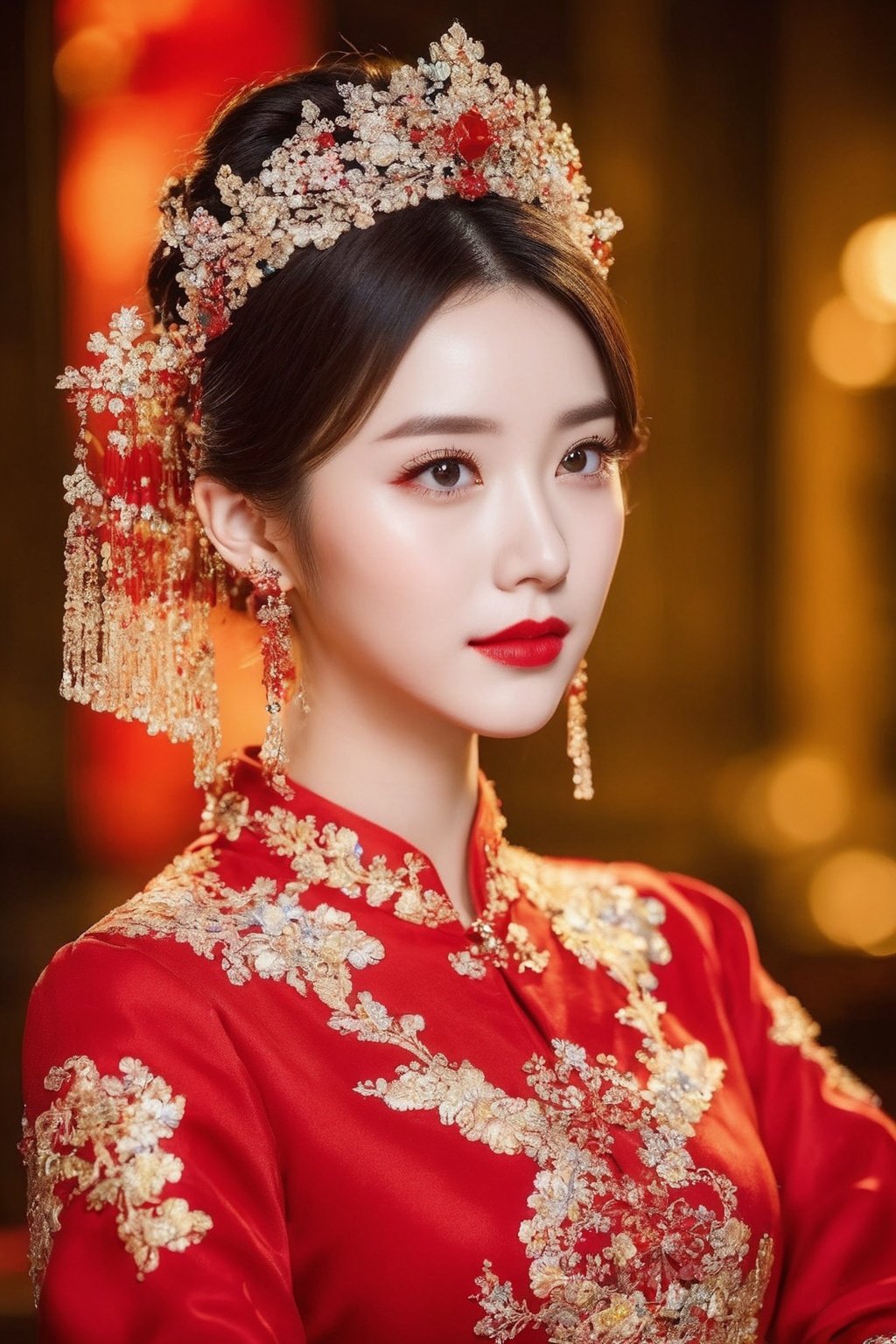 masterpiece,best quality,1girl, solo, chinese clothes, earrings, blurry background, jewelry, looking at viewer, dress, blurry, red lips, black hair, upper body, long sleeves, hair ornament, red dress,<lora:yifu:0.6>,