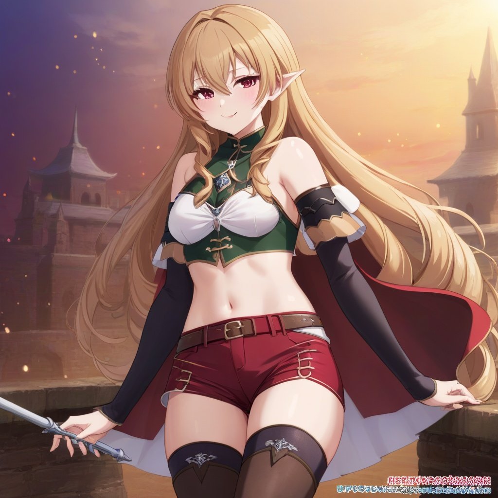 masterpiece, best quality,elinalise dragonroad, 1girl, thighhighs, bare shoulders, long hair, boots, detached sleeves, shorts, drill hair, waist cape