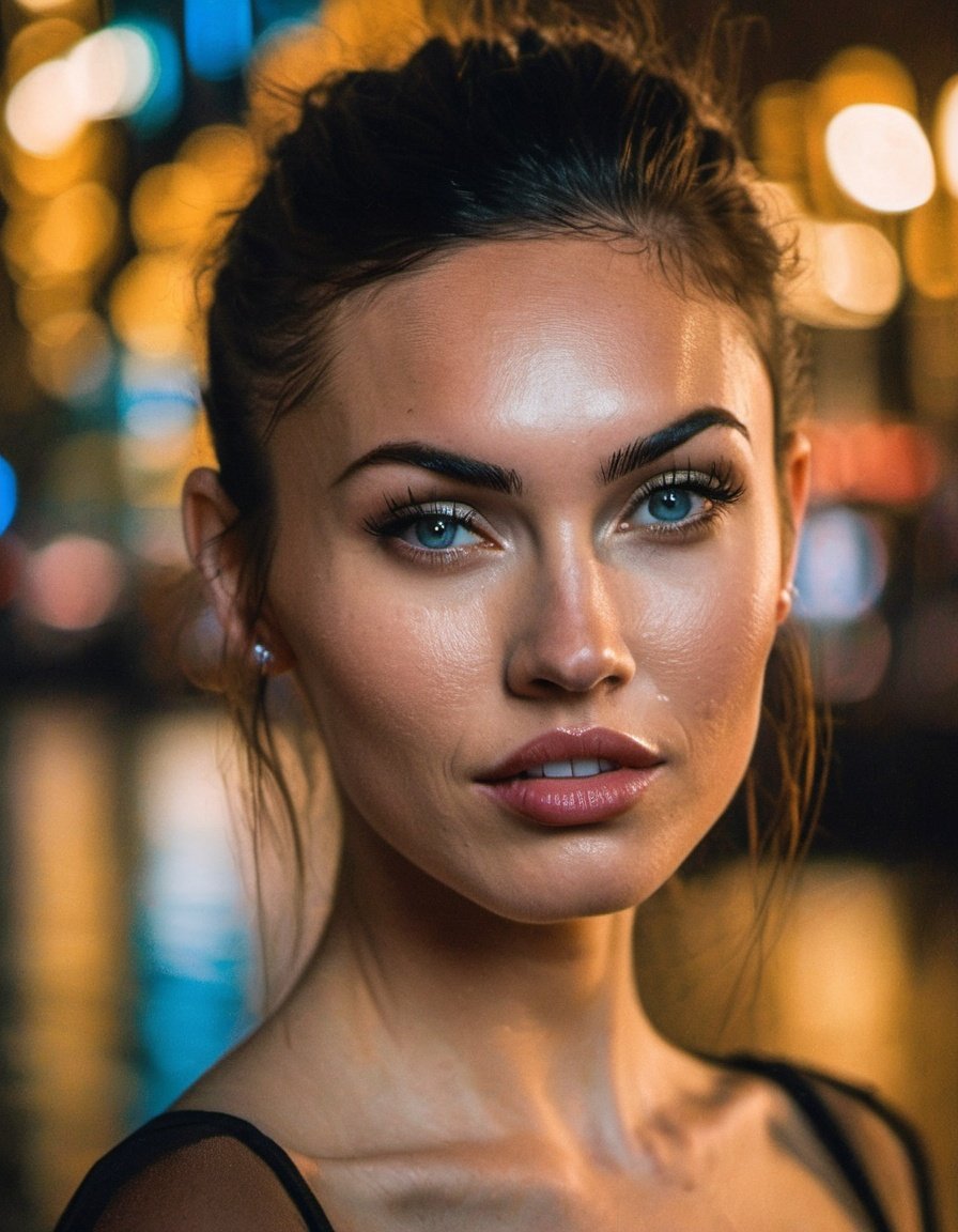 professional fashion close-up portrait photography of a young beautiful ((ohwx woman))  in the city at night, Nikon Z9, bokeh