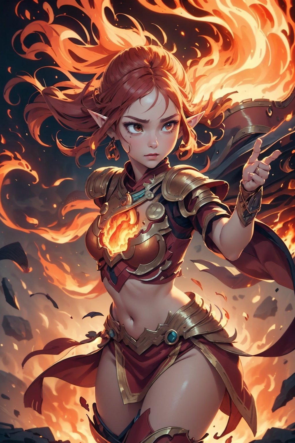 (masterpiece, best quality), intricate details, perfectly drawn face, 1 girl, elf, (revealing_clothes:1.2), dynamic pose, cowboy_shot, (firemagicAI, fire armor) Pyromancer, fire magic, flame control, heat manipulation, combustion, fiery spells, burning passion