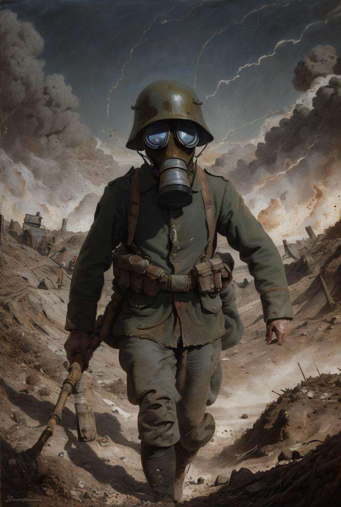 Painting of a ww1ger with a gas mask (running on the battlefield), craters, corpses, explosions, French flag, artillery, explosions, smoke, dirt, dark skies, Frostbite,Barbed wire, Dank, Stench of decay,Acrid taste,Screams, Discordant, Numbness,Disillusionment,Trauma, Wilted flowers, Chiaroscuro, Radial balance, Triadic, in the style of (Hieronymus Bosch:1.1), dark, ultra detailed, intricate, surrealism, oil on canvas, dry brush,  <lora:ww1ger_v0.1:0.9>
