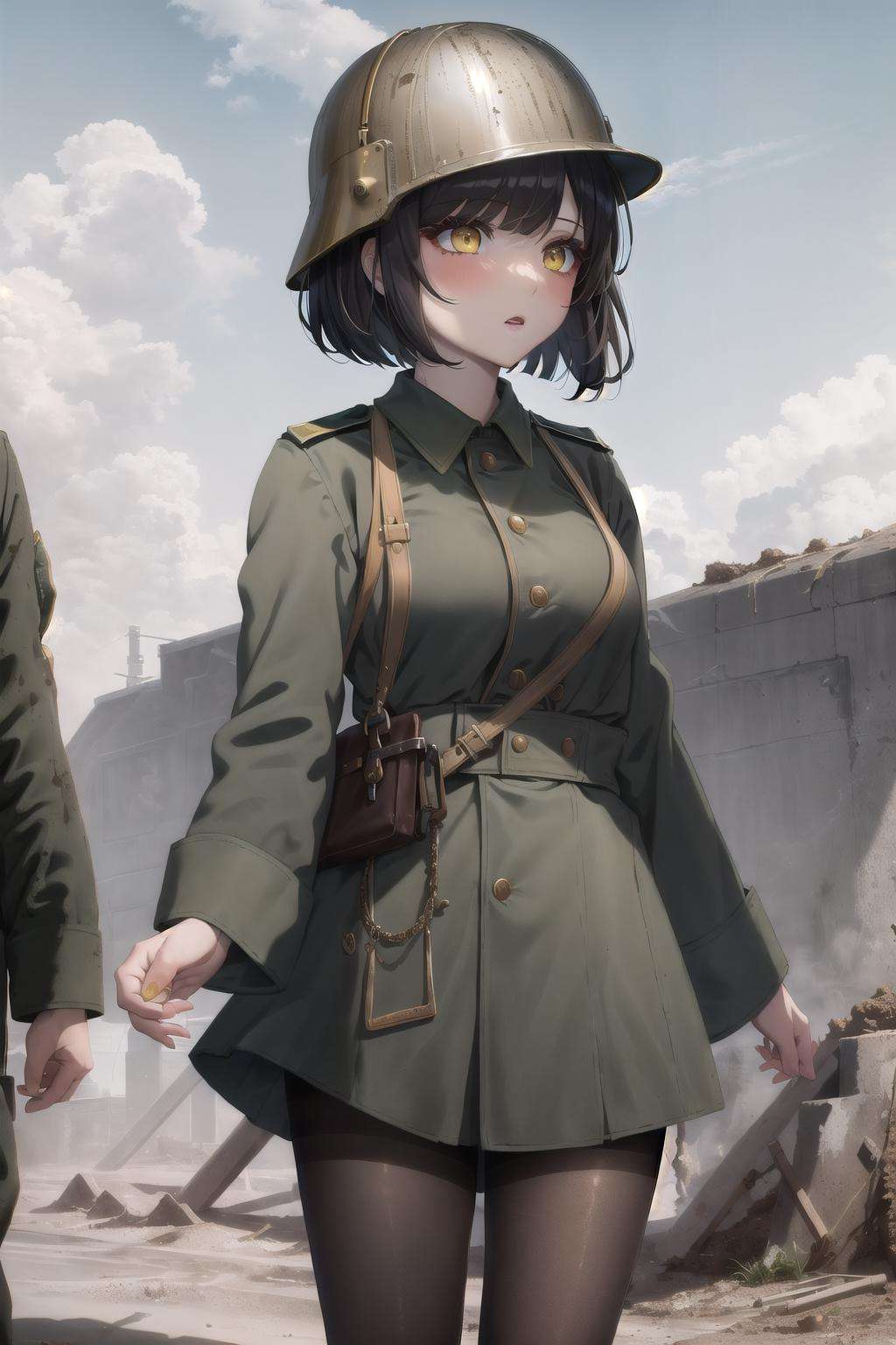 1girl,solo focus,cowboy shot,/+/+/+/,(black hair),{fluffy hair},(medium hair),(bob cut),{medium nape hair},yellow eyes,eyeshadow,medium breasts, (blunt_bangs),makeup,long eyelashes,expressionless, +/+/+/,ww1ger,helmet,stahlhelm, pantyhose, smog, dirt, mud, cloudy sky, /+/+/+/+/+/,,xxxxxxxxw,(masterpiece:1.2), (best quality:1.2), highly detailed, extremely detailed CG unity 8k wallpaper, highres, (extremely delicate and gorgeous), (best shadow),[Red:0.333], [Orange:0.333], [Yellow:0.333], [Green:0.333], [Cyan:0.333], [Blue:0.333], [Purple:0.333], [Black:0.333], [White:0.333], [Golden:0.333], <lora:ww1ger_v0.1:0.8>