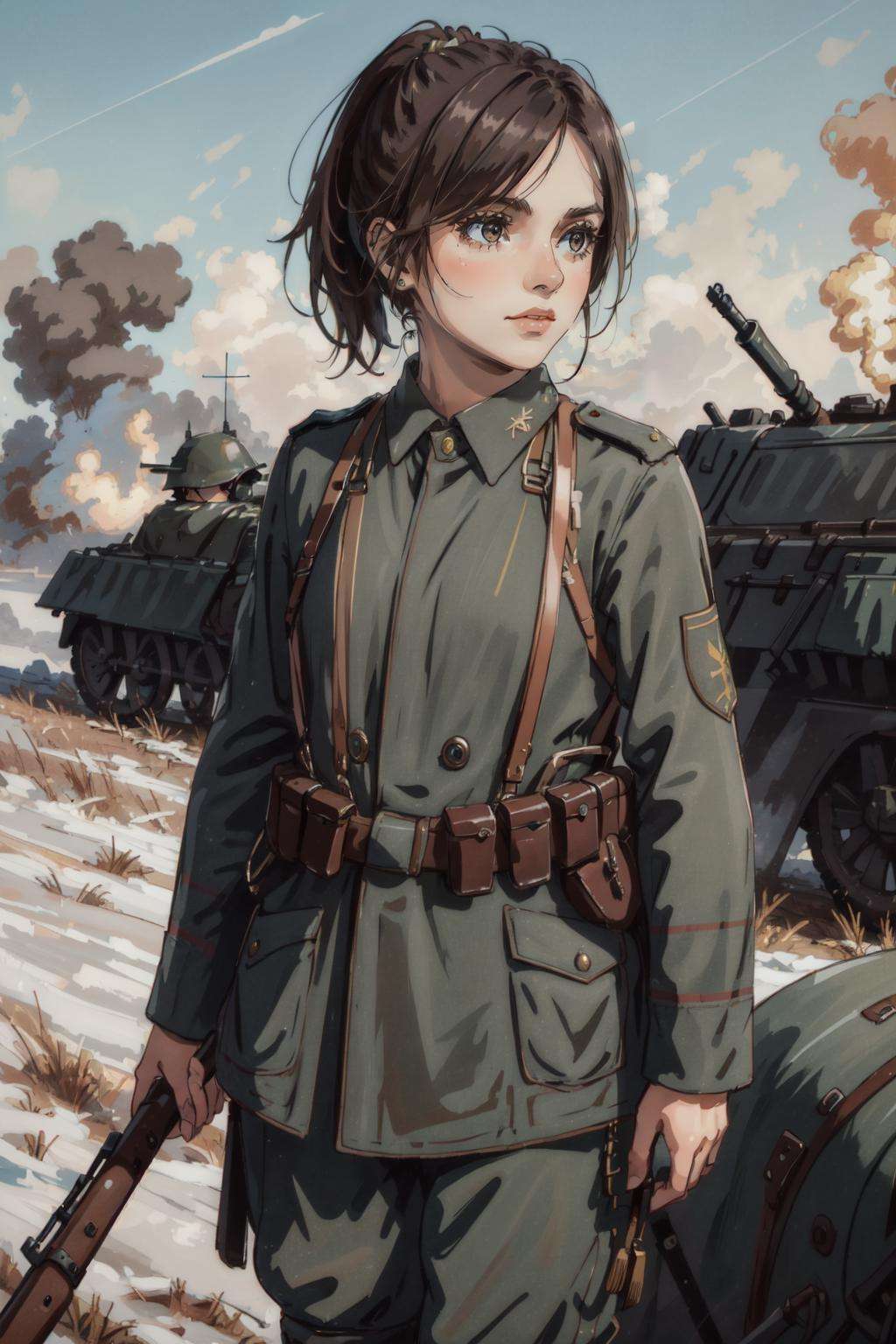 (masterpiece, best quality), intricate details, (1girl), solo,   <lora:sasha:1> brown hair, brown eyes, ponytail, military uniform,  <lora:ww1ger_v0.1:0.8> ww1ger, battlefield, 