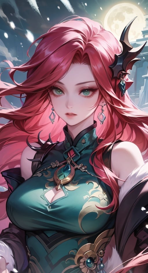 yaobbx, ((big breasts)), very big chest, ((snow)), 雪天,风景,silver hair, upper body, light, rays, grey green eyes, eye slashes, upper body, a woman with pink hair and a dragon earring is shown in this picture, Fan Qi, stanley artgerm lau, a detailed painting, fantasy art ,WZRYhaiyueFMLY,1 girl,Real,Night scene,haiyue