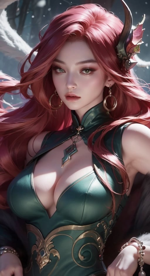 yaobbx, ((big breasts)), very big chest, ((snow)), 雪天,风景,silver hair, upper body, light, rays, grey green eyes, eye slashes, upper body, a woman with pink hair and a dragon earring is shown in this picture, Fan Qi, stanley artgerm lau, a detailed painting, fantasy art ,WZRYhaiyueFMLY,1 girl,Real,Night scene,haiyue