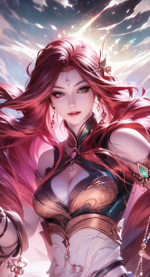 haiyue, upper body, light, rays, grey green eyes, eye slashes, upper body, a woman with pink hair and a dragon earring is shown in this picture, with a pink background, Fan Qi, stanley artgerm lau, a detailed painting, fantasy art ,WZRYhaiyueFMLY,1 girl,Real