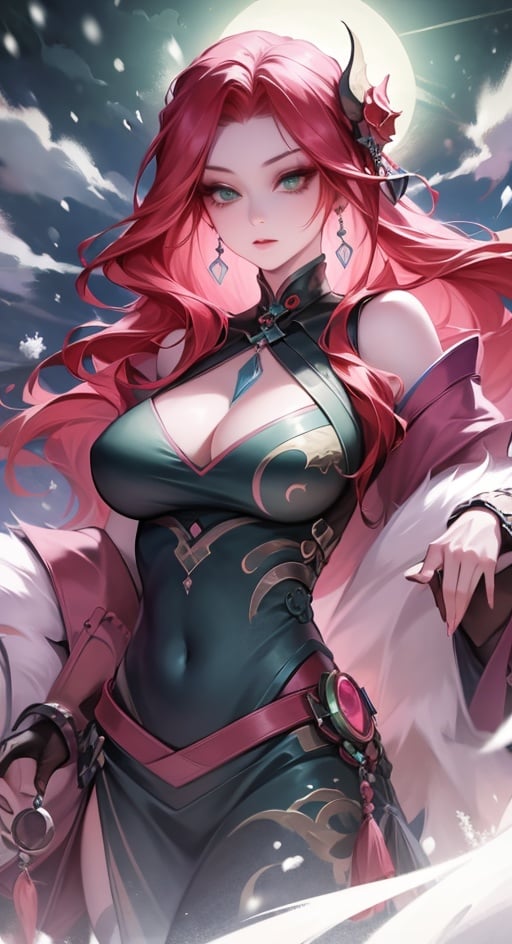 yaobbx, ((big breasts)), very big chest, ((snow)), 雪天,风景,silver hair, upper body, light, rays, grey green eyes, eye slashes, upper body, a woman with pink hair and a dragon earring is shown in this picture, Fan Qi, stanley artgerm lau, a detailed painting, fantasy art ,WZRYhaiyueFMLY,1 girl,Real,Night scene,haiyue