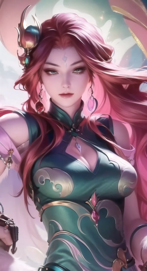 haiyue, upper body, light, rays, grey green eyes, eye slashes, upper body, a woman with pink hair and a dragon earring is shown in this picture, with a pink background, Fan Qi, stanley artgerm lau, a detailed painting, fantasy art ,WZRYhaiyueFMLY,