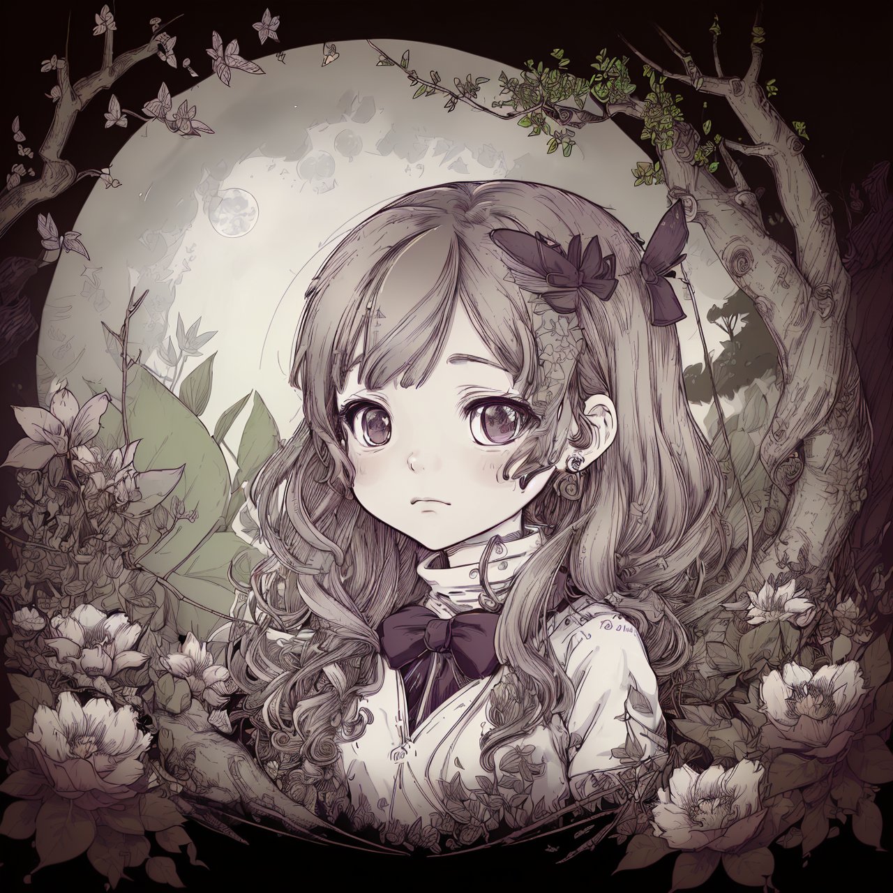 Hq subdued finelines drawing , a chibi girl potrait ,64k, depth of field ,  by foliage and flowers and branch and tree,full moon in the distance,  butterflies, xewx