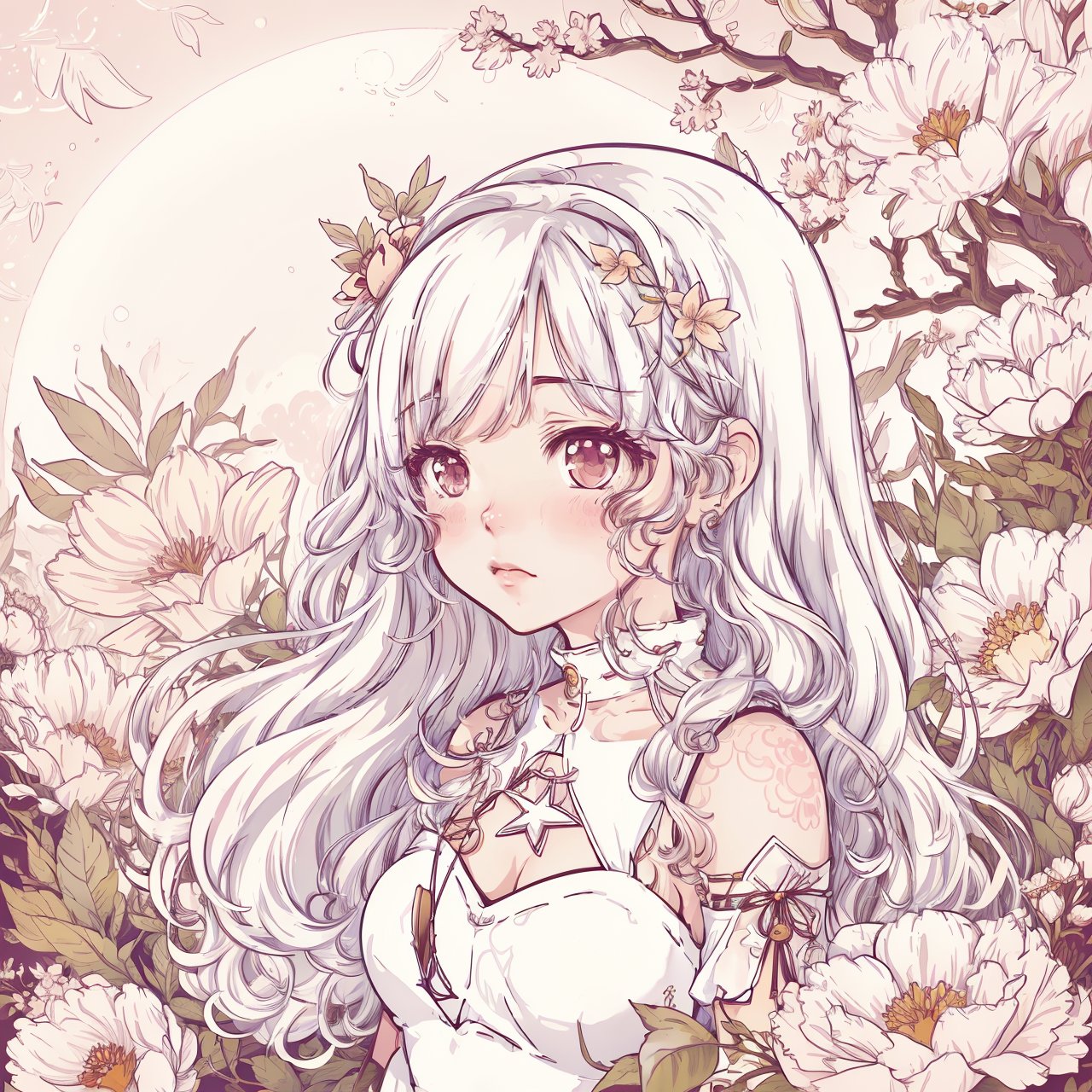 Hq drawing illustration of an adorable chibi girl , white hair ,cute art ,64k, depth of field ,   foliage and flowers and branch, full moon , 
 ,xewx illustration style 