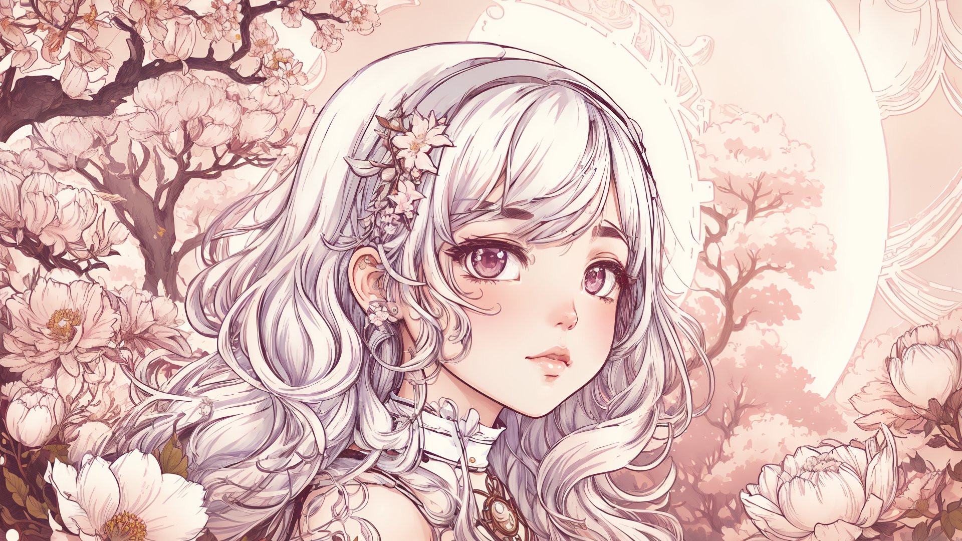 illustration of an adorable chibi girl , white hair , depth of field ,  textured, trees , flowers , branch, full moon , detailed figure ,xewx drawing style , artdeco, art nouveau ,