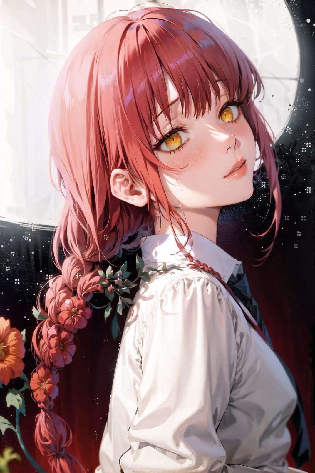 1girl, bangs, blood, braid, braided ponytail, flower, lily \(flower\), long hair, looking at viewer, makima \(chainsaw man\), necktie, night, night sky, pink flower, red hair, sky, solo, star \(sky\), starry sky, white flower, yellow eyes <lora:makimav1W:0.6>