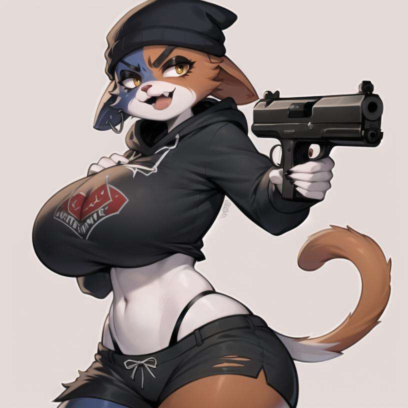 (best quality, masterpiece:1), solo, (shaded face:1.2), furry female anthro meowskulls, action pose, huge breasts, black hoodie, tail, angry smile, looking at another, black shorts, open mouth, wide-eyed, fish hook piercing, holding gun, holding pistol, (war battle background:1.1), <lora:meowskulls-v1:1>