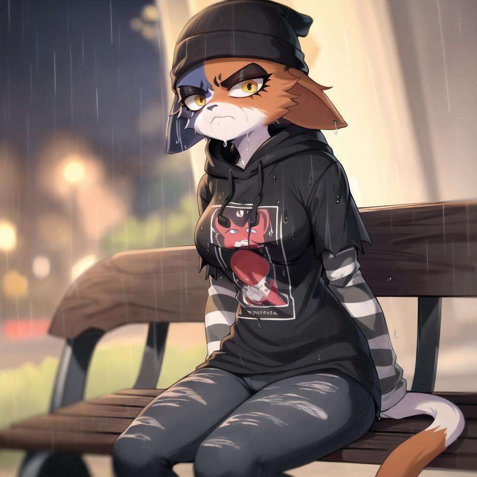 (best quality, masterpiece:1), solo, (shaded face:1.2), furry female anthro meowskulls, (noseless:1.1), sitting on bench, tail, medium breasts, bored, looking away, closed mouth, (soaking wet, wet fur:1.2), (angry:1.3), (shivering:1.2), half-closed eyes, beanie, black hoodie, striped sleeves, black jeans, (dark raining park background, night, rain:1.1), <lora:meowskulls-v1:1>