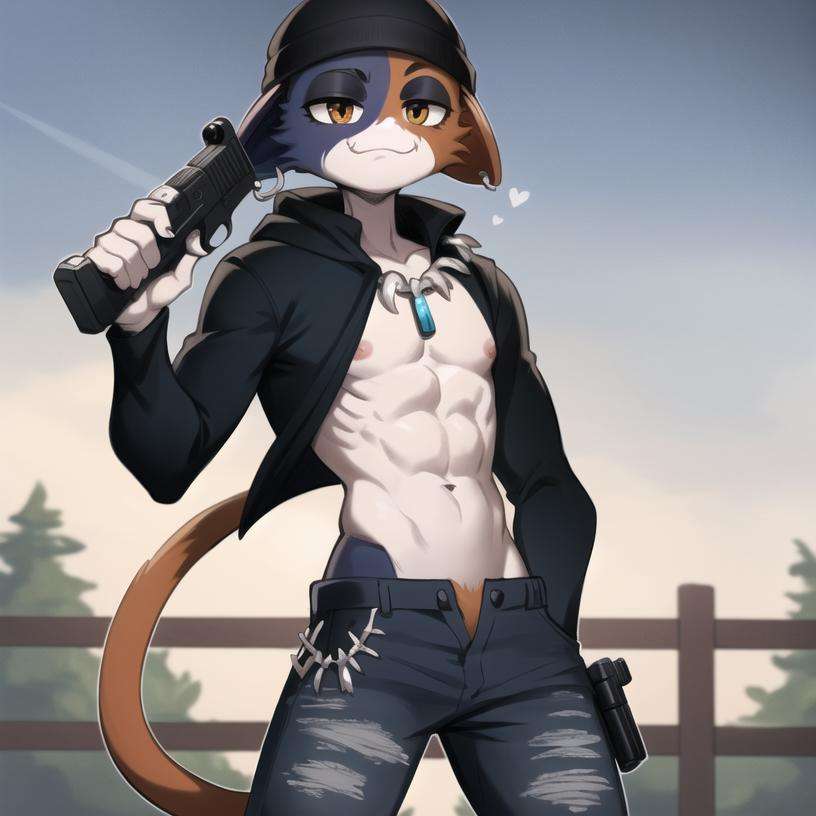 (best quality, masterpiece:1), solo, (noseless:1.2), furry male anthro meowskulls, standing, bare chest, muscular male, necklace, tail, small grin, masculine face, looking at viewer, leaning on fence, black jeans, closed mouth, half-closed eyes, fish hook piercing, holding gun, holding pistol, (war battle background:1.1), <lora:meowskulls-v1:1>