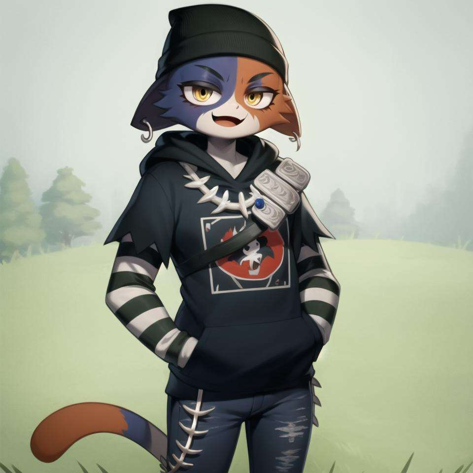 (best quality, masterpiece:1), solo, (shaded face:1.2), furry female anthro meowskulls, (noseless:1.3), standing, hands in pocket, tail, smile, looking at viewer, open mouth, bandolier, necklace, wallet chain, wide-eyed, beanie, black hoodie, striped sleeves, black jeans, fish hook piercing, (grass dirt background background:1.1), <lora:meowskulls-v1:1>