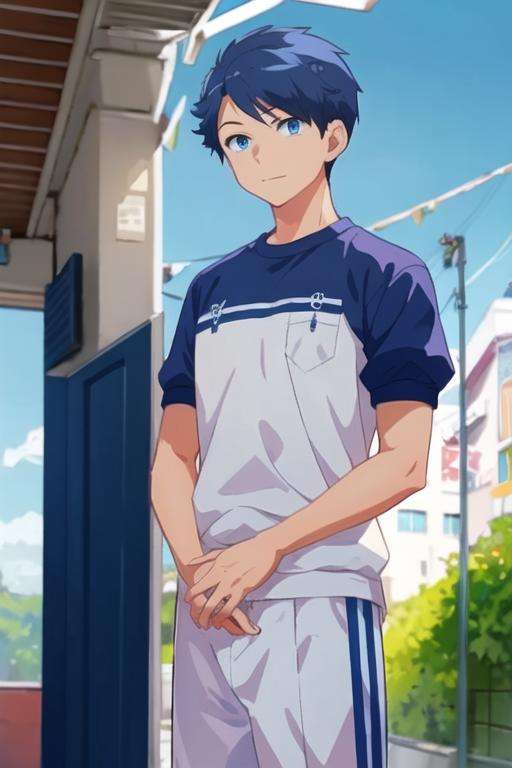 masterpiece, best quality, illustration, 1boy, solo, male focus, looking at viewer, , , <lora:makoto_oda:0.72>, makoto_oda, blue hair, blue eyes, gym uniform,