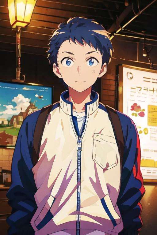 masterpiece, best quality, illustration, 1boy, solo, male focus, looking at viewer, , depth of field, <lora:makoto_oda:0.64>, makoto_oda, blue hair, blue eyes, jacket,